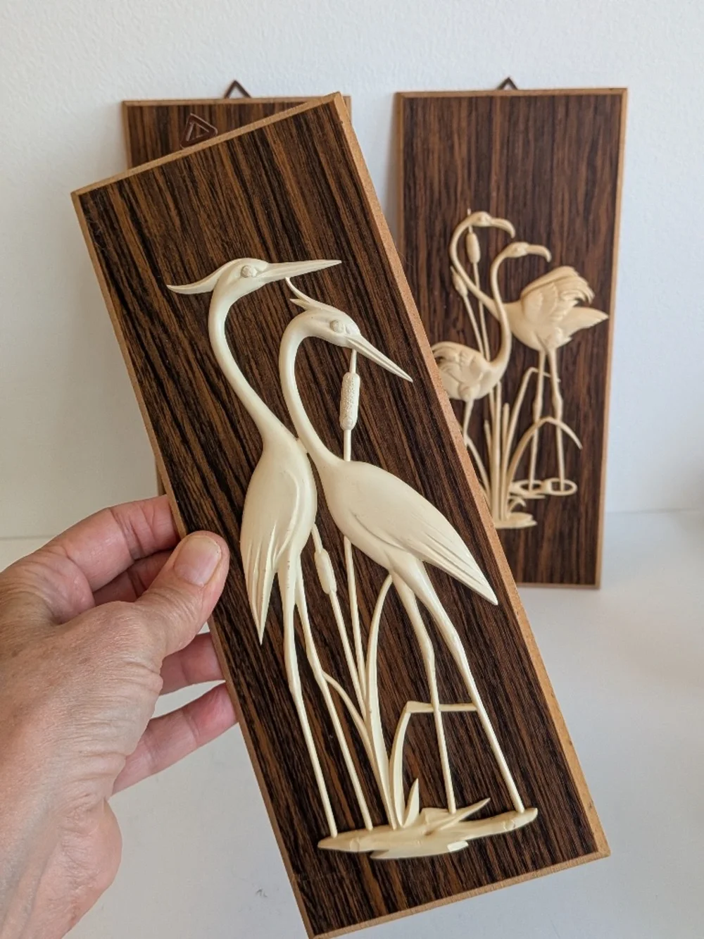 Vintage Bakelite carved Water Fowl on wood Wall Plaques  Set Of 3 Heron Geese